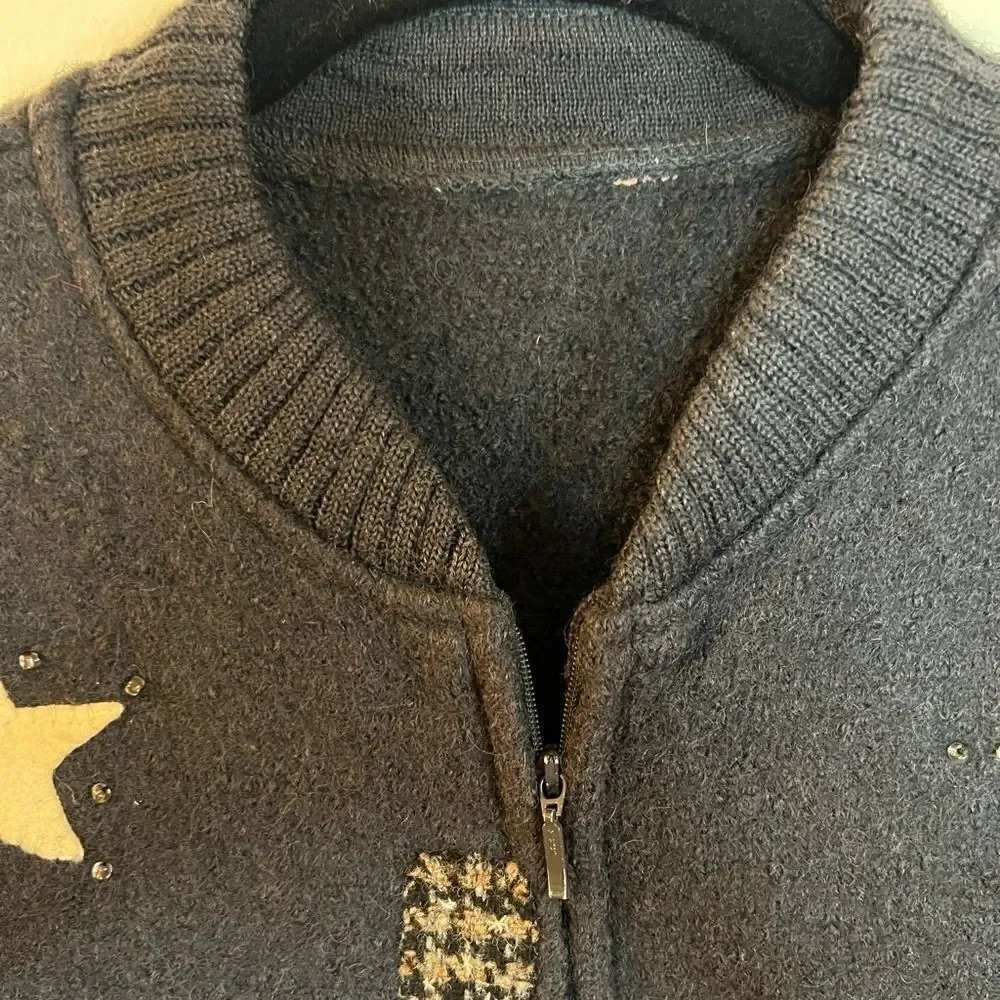 Christopher & Banks sweater women sz large  winter snowman zip front black wool